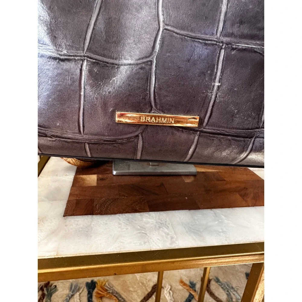 Brahmin Grey Croc Embossed‎ Leather Shoulder Bag Gold Chain Tassel Accent